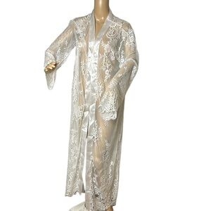 White Lace sheer maxi open front satin lingerie,boudoir,honeymoon,coquette,sexy